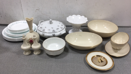 Set of (23) Plates in 3 Sizes, (5) Serving Dishes, Small 50th Anniversary Plate, Salt and Pepper Shakers, Vase, Milk Glass Decor Dish