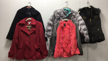 Womens: B Hip Vest Size M, Cabi Peacoat Size 6, Girls: North Face Jacket Size XL, North Face Light Jacket Size L, Zara Peacoat Size 11-12