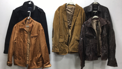Mens: Nautica Peacoat Size L, Cremieux Leather Jacket Size XL, Rugby Corduroy Jacket Size XL, Luis Alvear Leather Jacket Size M, Comstock & Co Leather Jacket Size 42