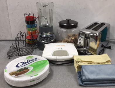 Cuisinart Toaster, Waffle Stix Maker, Black & Decker Blender, Large Jar w/ Corks, Set of 5 Espresso Cups and 6 Saucers, Napkin Holder, (4) Yellow Cloth Napkins, (3) Blue Cloth Napkins, Chinet Paper Plates