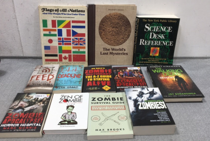 (9) Various Zombie Books, Flags of All Nations, The World&rsquo;s Last Mysteries, Science Desk Reference
