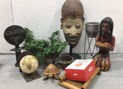 (3) Cultural Sculptures, Salt Wall Lamp, Flower Pots, Fake Plants, Wood Turtle, Globe Bookend, Bamboo Tray