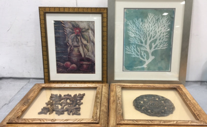 (2) Wood Framed Art, Franed Coral Print, Framed Flower Pot Print
