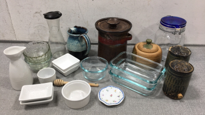 Salt and Pepper Shakers, (2) Glass Jar, (10) Small Service Dishes, (2) Kitchen Pottery Jars, Pottery Pitcher, (3) Pyrex Containers, Soy Sauce Pitcher and Dish, Honey Stick