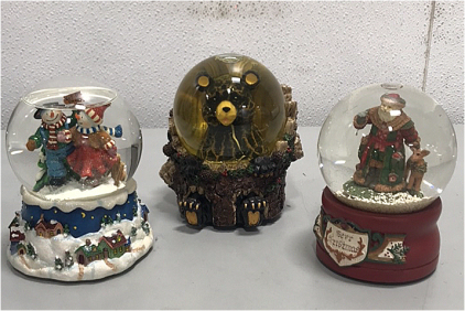 (1) Black Bear Wind up Musical Snow Globe, (1) SnowMan Let It Snow Snowglobe, (1) Santa and Deer Snowglobe