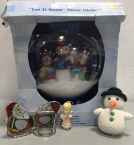 (1) Large Let it Snow, Snow Globe. (1) Decoration Snow Man, (1) Decorative Santa’s, (1) Decorative Angel, and more