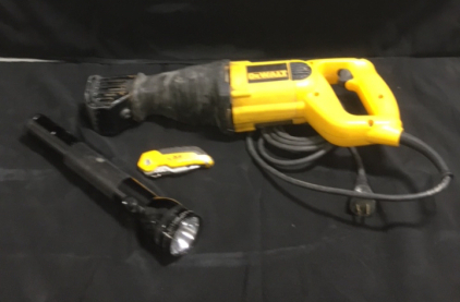 (1) DeWalt Electric Variable Speed Reciprocating Saw (1) DeWalt Utility Knife (1) Mag Light Flashlight