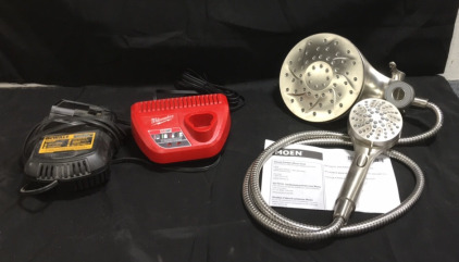 (1) DeWalt 12v-20v Battery Charger (1) Milwaukee M12 12v Battery Charger (1) MOEN Magnetic Docking Shower Set