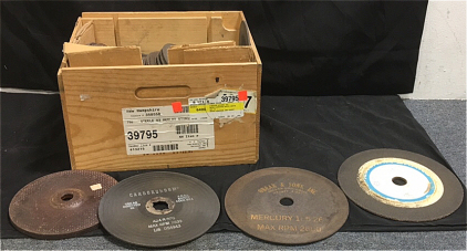 Wood box With (30) Vintage Grinding Wheel Discs