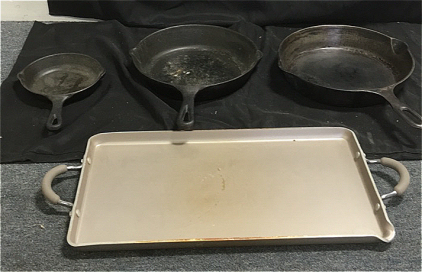 (3) Basic Essentials Cast Iron Skillets (1) 18&rdquo; x 10&rdquo; Flat Top Griddle