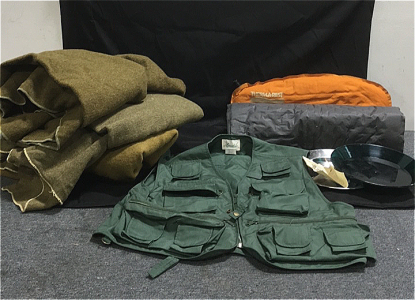 (1) New With Tags Ausable 3 27-pocket Fishing Vest Size XL (3) Camping Dinner Plates (3) Wool Camping Blankets (1) Thermarest Camping Sleep pad