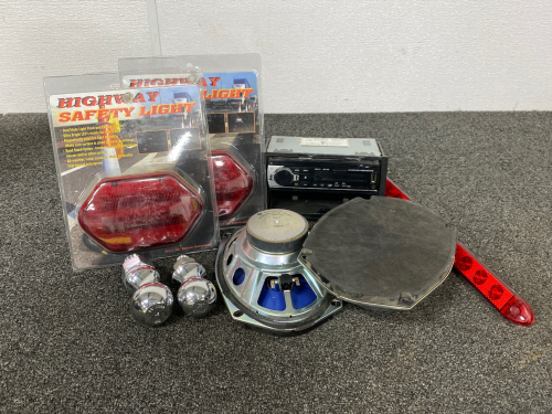 Assorted Car Parts Including Safety Lights, Speakers, Stereo and More