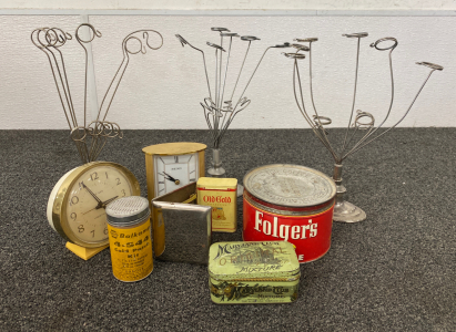 Assorted Vintage Collectibles Includes: Clocks, Tin Cans, and Picture Holders