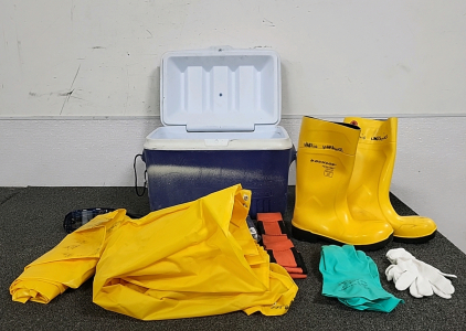 Rubbermaid Cooler with Yellow Dunlop Rain Gear