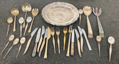 Assortment Of Silver Silverware And Serving Tray