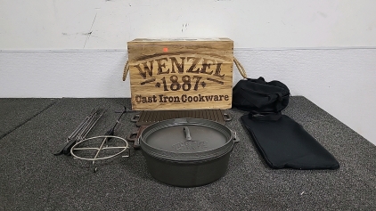 Wooden Crate of Cast Iron Pots and Pans with Metal Hotdog Cooking Prongs