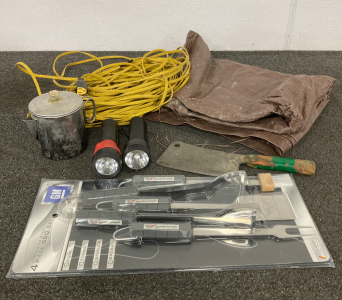 Tarp, Extension Cord, (4) Piece BBQ Set, And More