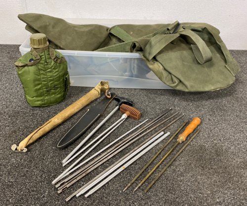 Military Style Bag, Gun Cleaning Rods and Canteen