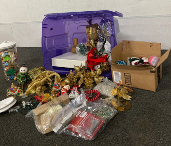 Bin of assorted Christmas decorations