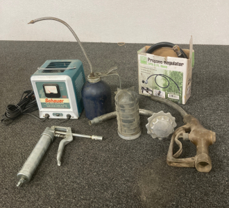 Box W/ Gas Pump, Battery Charger, Oil Can & More