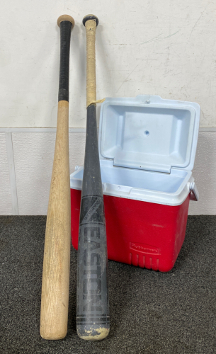 (2) Baseball Bats and Rubbermaid Cooler