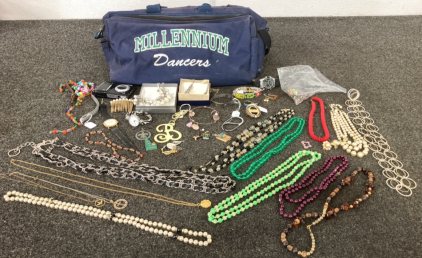 Duffel Bag With Assorted Costume Jewelry And More