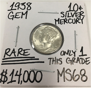 1938 MS68 RARE ONLY 1 THIS GRADE! MERCURY DIME