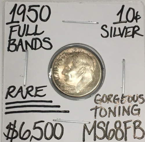 1950 MS68FB RARE FULL BANDS SILVER DIME