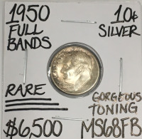 1950 MS68FB RARE FULL BANDS SILVER DIME