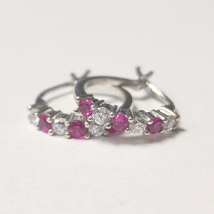 $160 Silver Created Ruby Hoop Earrings