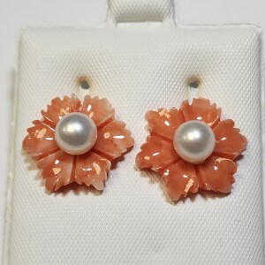 $240 14K Fresh Water Pearl And Poly Coral 2In1 Earrings