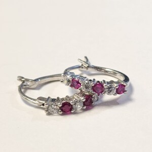 $160 Silver Created Ruby With Cz Hoop Earrings