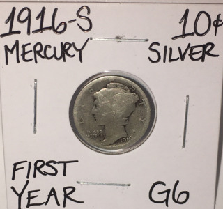 1916-S G6 1ST YEAR SILVER MERCURY DIME