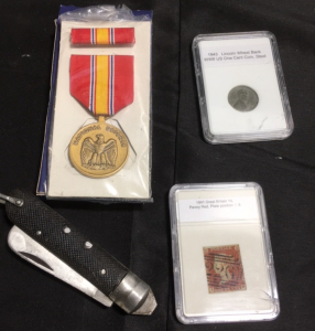 (1) 1943 WW2 Steel Issue Penny, (1) 1841 Great Britain 1D Penny Red Plate Position I E Stamp, (1) US Issued National Defense Medal In Original Box, (1) WW2 Royal Italian Military Utility Knife