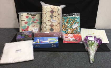 (1) QYZL 75&rsquo; LED Light Strip Kit, (1) Valentines Day Pillow Covers, (1) Yoki Boho Washable 2&rsquo;x3&rsquo; Rug, (1) Argo 18&rdquo; x 18&rdquo; Pillow Covers, (1) Set Of Elegant Place Mats, (150) Furio 4-Gallon Trash Bags, (20) Mandy&rsquo;s Purple Flowers and more