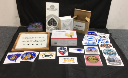 (16) NFL Team Stickers Packers,Patriots,Jaguars , lions (3) Frostfire Moon Flameless Candles With remote (1) Funny Wall Decoration (1) QYZL 75&rsquo; LED Light Strip Set (1) Willow And Eva Wood Napkin Holder (1) Allinside Keyboard Skin