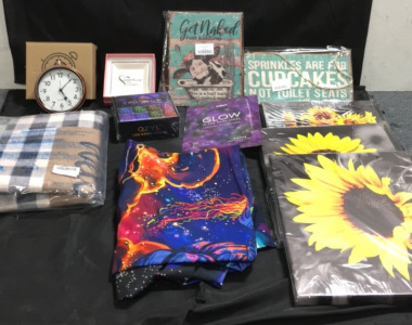 (1) QYZL 75&rsquo; LED light Strip (3) Sunflower Prints 12&rdquo; x 16&rdquo; (2) Funny Bathroom Wall Decorations (1) 4&rsquo; x 6&rsquo; Spaceman Wall Tapestry (1) Checkered Plaid Doormat (1) Retro Style Alarm Clock (332) Glow in the Dark Stars Wall Decals