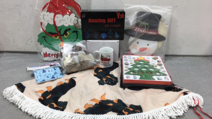 Snowman and Santa Welcome Signs, (2) Wood Tree and Mini Ornament Sets, Sven and Olaf Stuffed Toys, Frozen II Gift Bags, Dachshund Tree Skirt, Hallmark Mug, 3D Truck w/ Tree Lamp, Grinch Sign