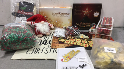 Light Boxes Set, Lighted Star Tree Topper, Gnome, Red/Gold Ball Ornaments, Red/Green Paper Filler, (2) Pillow Covers, Snowman and Santa Welcome Signs, Santa Snow Globe, and more