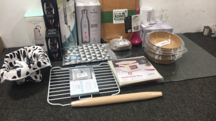 Kitchen Sink - Cutting Board - Air Freyer Disposable Liners - Towel Holder Rack - Womens Hat and Glasses - 16” Rolling Pin