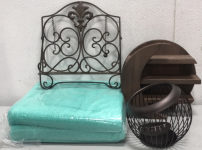 (2) Isbasa Bath Towels, Large Capacity Coffee Pod Holder, Wood Shelf Moon Decor Wall Mount, Brogan Metal Cookbook Holder W/ Antique Brown Finish