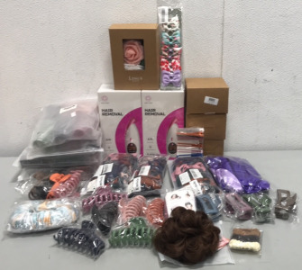 (2) Leo Veo Hair Removal Tools, (24) Hair Clips For Long Hair, (16) Hair Clips, (24) Scrunchies, (1) Messy Curly Dish HairClaw Bun, and more