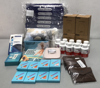 (80) Face Shields, (4) Dukya Aroma Diffusers, (4) Gua Sha Facial Body Massage Scraper Tools, (6) Skin Tag Removal Kits, (1) Roller For Face, (1) Sunatoria Foot Peel Mask, (140) Edwin Earplugs, (9) Niro Nutro Saffron Extract Diatary Suppliments 60ct. 88.5m