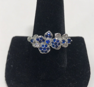 Sterling Blue Sapphire Floral Ring Size 10