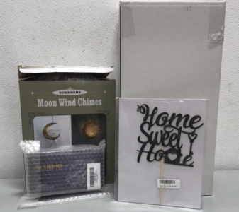 (1) Surenshy Moon Wind Chimes, (1) Scorpio Crystal Set, (1) Black Glitter Home Sweet Home Sign, (1) EnerPlex Home Body Pillow