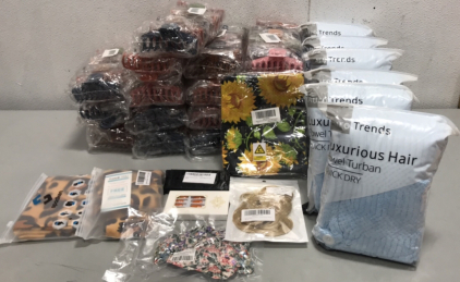 (6) Auro Trends Towel Turban Quick Dry, (16) Packs of 8 Hair Clips, (2) Spadken Gators for Women, (1) Messy Hair Bun, + Others