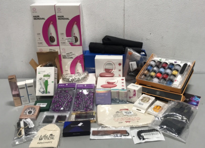 (4) Leo Veo Hair Removal Tools , (2) Sets Modelones Dip Powder Kits, (2) Umbrellas, (2) Multi-Function Phone Stand LED Make Up Mirrors With Bluetooth Speakers, + Other Cosmetic and Hair Accessories
