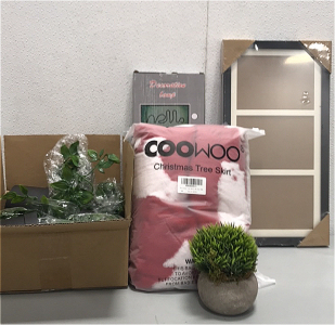 (1) Fake Plant, (1) COOWOO Christmas Tree Skirt, (1) 3 Section Picture Frame, and more
