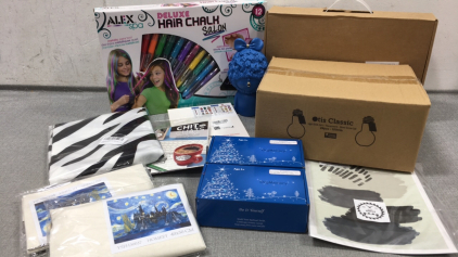 Hair Chalk, Loom Bands Kit, Box of 24 Light Bulb Jars, Superhero Diamond Painting Kit, (2) Castle Paint by Numbers Kits, Zebra Pillow Cover, Blue Girl Statue, (2) Set of Dry Aquarium Decor, Simple Wall Prints, Conversation Stickers