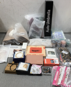 (2) Sun Hats, Umbrella, Hair Clips, Head Bands, Makeup Bags, Makeup Brushs, False Lashes, Tattoo Lipstick, Press On Nails, Body Jewels Set, Eyebrow Stickers, Elastic Bands, Eyelash Extension Gel Remover, Miquid Lipstick, (4) Dainty Snake Chains, Broach, G